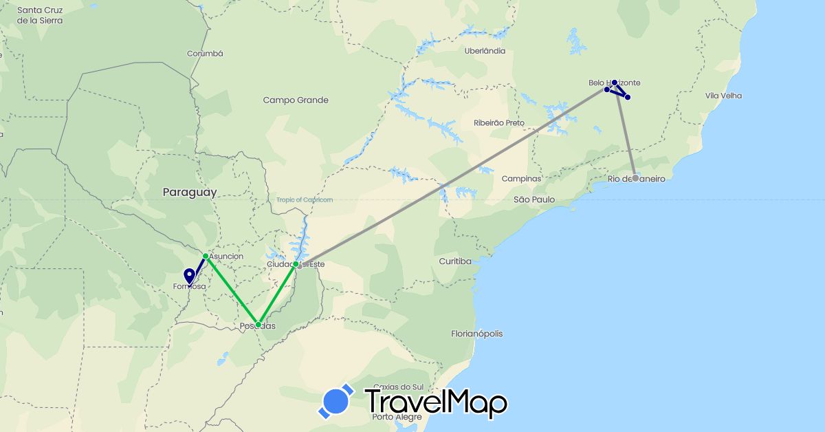 TravelMap itinerary: driving, bus, plane in Argentina, Brazil, Paraguay (South America)